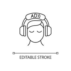 Audio description linear icon. Video description. Narration. Audio described TV programmes. Thin line customizable illustration. Contour symbol. Vector isolated outline drawing. Editable stroke