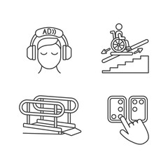 People with disabilities facilities linear icons set. Video description. Wheelchair platforms and stairlifts. Customizable thin line contour symbols. Isolated vector outline illustrations