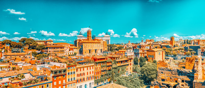View of the Roman Forum from the Hill of Palatine - a general overview of the entire Roman Forum with all the sights. Italy.