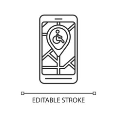 City navigation app linear icon. City map app for wheelchair users. Navigation in public places. Thin line customizable illustration. Contour symbol. Vector isolated outline drawing. Editable stroke