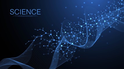 Molecular structure background. Science template wallpaper or banner with a DNA molecules. Asbtract scientific molecule background. Wave flow, innovation pattern. Vector illustration.