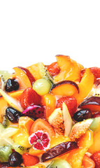 Cake with fruits isolated on white background, top view. Strawberry and pear, fig and grapes, plum and peach.