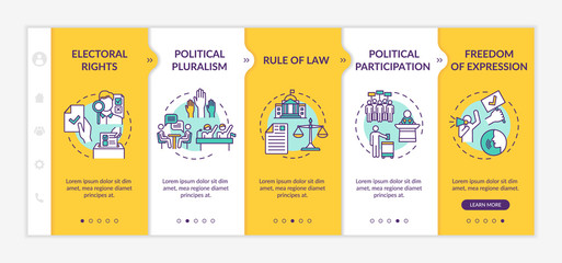 Political rights onboarding vector template. Political pluralism. Rule of law. Freedom of expression. Responsive mobile website with icons. Webpage walkthrough step screens. RGB color concept