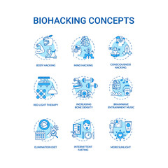 Biohacking concept icons set. DIY biology, health improvement idea thin line RGB color illustrations. Body and mind productivity increasing. Vector isolated outline drawings. Editable stroke