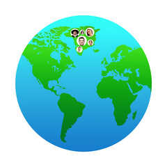 World global cartography - Earth international concept, connecting people all around the world. Avatars, portraits of different people live in Greenland. Nationalities, social media, unity and