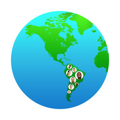 World global cartography - Earth international concept, connecting people all around the world. Avatars, portraits of different people live in South America. Nationalities, social media, unity and
