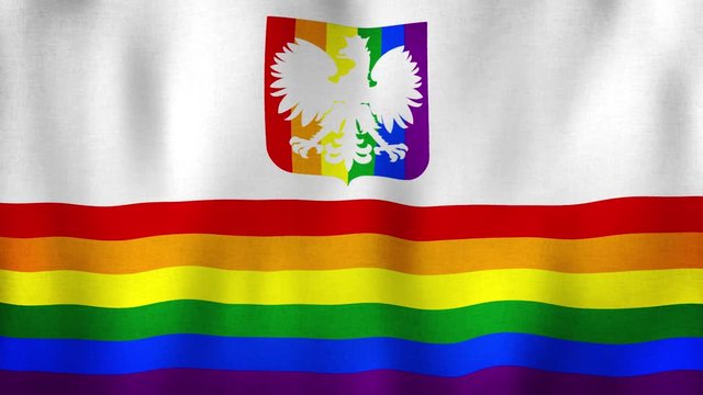 LGBT Gay Pride rainbow flag of Poland with coat of arms waving in the wind. Realistic 4K flag highly detailed fabric texture. Rainbow love concept. Symbol of tolerance and discrimination in Poland