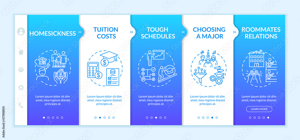 Poster student challenges onboarding vector template. university lifestyle difficulties. college life issue