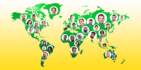 World global cartography - Earth international concept, connecting people all around the world. Avatars, portraits of different people. Diversion, inclusion. Nationalities, social media, unity and