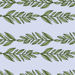 Botanic doodle seamless pattern with foliage branches. Blue background with green leaves. Stylized artwork.