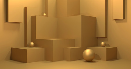 3d Illustration of Golden showcase. Podium for fashion and beauty product display.