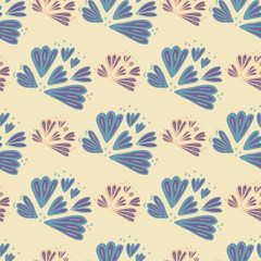 Stylized floral seamless pattern with flower outline silhouettes. Purple botanic shapes with pink and blue contour on light background.