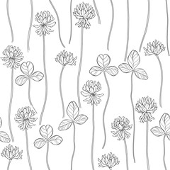 Clover. Seamless pattern on white. Vector. Art floral background. Line art. Black and white.