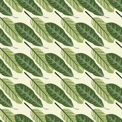 Green and olive leaves silhouettes seamless pattern. Doodle simple ornament on light pastel background.