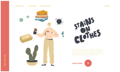 Housekeeping Landing Page Template. Sloppy Female Character Put Chocolate Stain on Clothes while Eating Washing Clothing