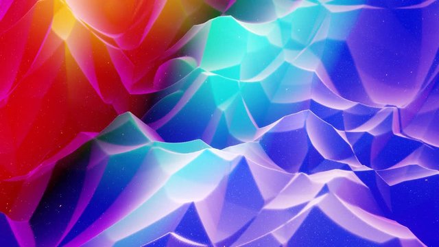 Beautiful abstract 3D surface with glitter sparkles, extruded or displaced waves transform in loop. Rainbow gradient, soft matte material like morphing sweetness or marmalade with light inner glow.