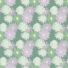 Seamless spring pattern with chrysanthemum silhouettes. Pale background and soft purple and green flowers.