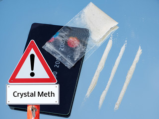 crystal meths line with money card and bag danger Warning Sign