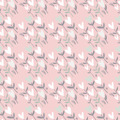 Tender heart flowers seamless pattern. Soft pink background with white valentine elements.