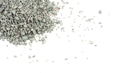 Gray small rocks ground texture isolated white background. black small road stone. gravel pebbles...