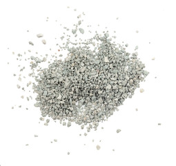 Gray small rocks ground texture isolated white background. black small road stone. gravel pebbles stone seamless texture. dark background of crushed granite gravel, close up. clumping clay