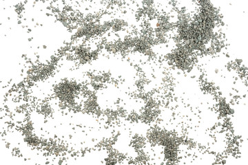 Gray small rocks ground texture isolated white background. black small road stone. gravel pebbles stone seamless texture. dark background of crushed granite gravel, close up. clumping clay