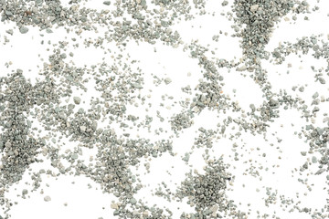 Gray small rocks ground texture isolated white background. black small road stone. gravel pebbles stone seamless texture. dark background of crushed granite gravel, close up. clumping clay