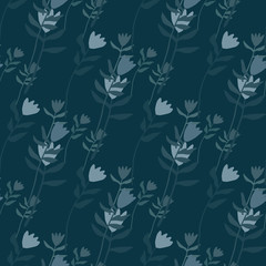Seamless pattern in pale tones with flower silhouettes. Dark turquoise botanic stylized print. Simple backdrop.