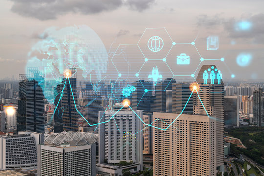 Hologram of Research and Development glowing icons. Sunset panoramic city view of Singapore. Concept of innovative technologies to create new services and products in Asia. - Powered by Adobe