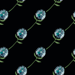 Simple minimalistic botanic seamless pattern with dandelion blue flowers. Black background.