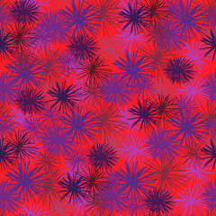 Seamless random ocean pattern with sea urchin ornament. Purple elements on red background. Exotic beach backdrop.