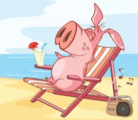 Poster Vectorillustratie van een schattig stripfiguurvarken op vakantie © liusa