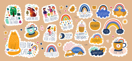 Digital vector planner cute stickers isolated. Every day digital planner stickers. Symbols 