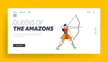 Amazon Female Character Shooting Bow Landing Page Template. Greek Mythological Personage, Pretty Woman Archer Warrior