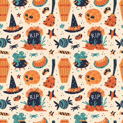 Happy Halloween seamless pattern, texture, background. Witch hat with flowers, sweets, skull, tomb, broom, spider, cauldron, star, pumpkin, bean. Packaging paper design. 