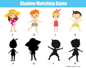 Shadow matching game. Summertime beach theme Kids activity. Find silhouettes of children