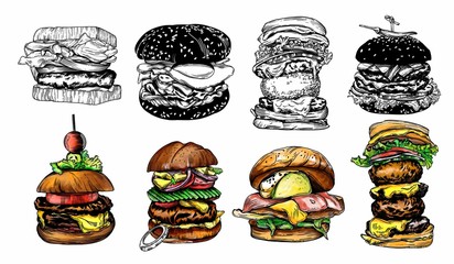 Illustration of different burgers. with detailed drawing in the style of the sketch. Color and black-and-white burgers.