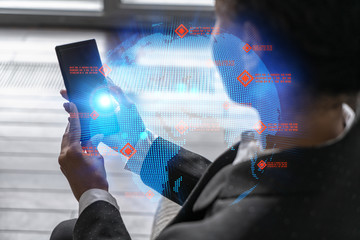 Businesswoman using phone, work in modern office on new project. Double exposure. Concept of success. World map planet earth hologram.