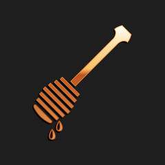 Gold Honey dipper stick with dripping honey icon isolated on black background. Honey ladle. Long shadow style. Vector.