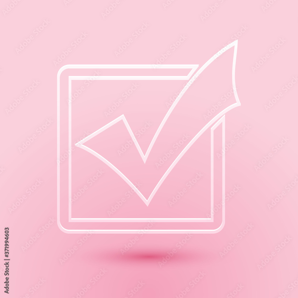 Poster paper cut check mark in a box line icon isolated on pink background. tick symbol. check list button 