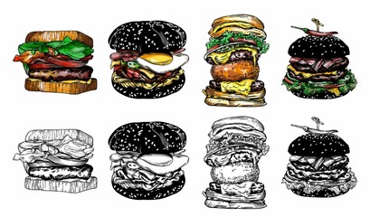 Illustration of different burgers. with detailed drawing in the style of the sketch. Color and black-and-white burgers.