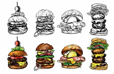 Illustration of different burgers. with detailed drawing in the style of the sketch. Color and black-and-white burgers.