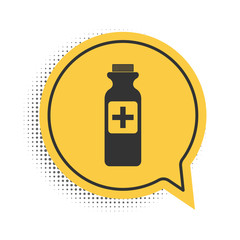 Black Medicine bottle icon isolated on white background. Bottle pill sign. Pharmacy design. Yellow speech bubble symbol. Vector.
