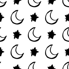 Abstract seamless pattern with Brush Strokes geometric star elements. Beautiful modern texture with chaotic painted shapes. Monochrome background for your design.