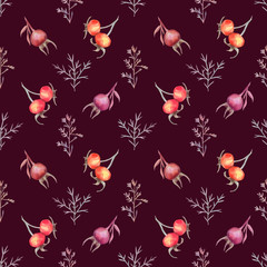 Seamless pattern with dog roses and herbs on a deep violet-purple background. 