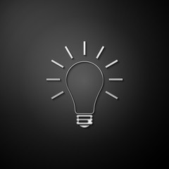 Silver Light bulb with rays shine icon isolated on black background. Energy and idea symbol. Lamp electric. Long shadow style. Vector.