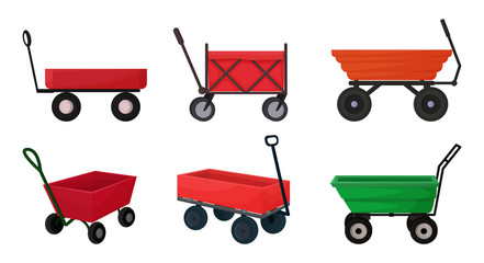 Vector illustration with a cart for the garden in a cartoon style. A set of 6 different cars in red, yellow, green,.for gardening, harvesting, planting seedlings © Morgan Ph