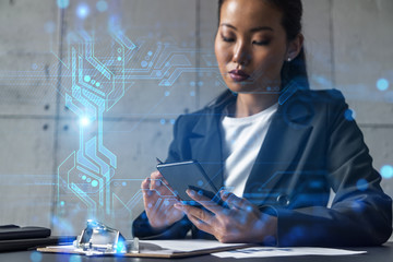 Businesswoman typing phone, work in modern office on new project. Technology hologram. Double exposure. Concept of success.