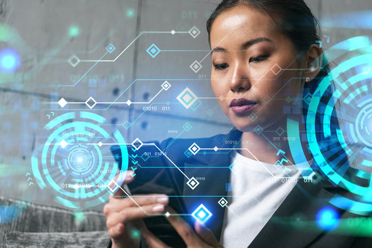 Businesswoman typing phone, work in modern office on new project. Technology hologram. Double exposure. Concept of success. - Powered by Adobe