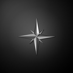 Silver Wind rose icon isolated on black background. Compass icon for travel. Navigation design. Long shadow style. Vector.